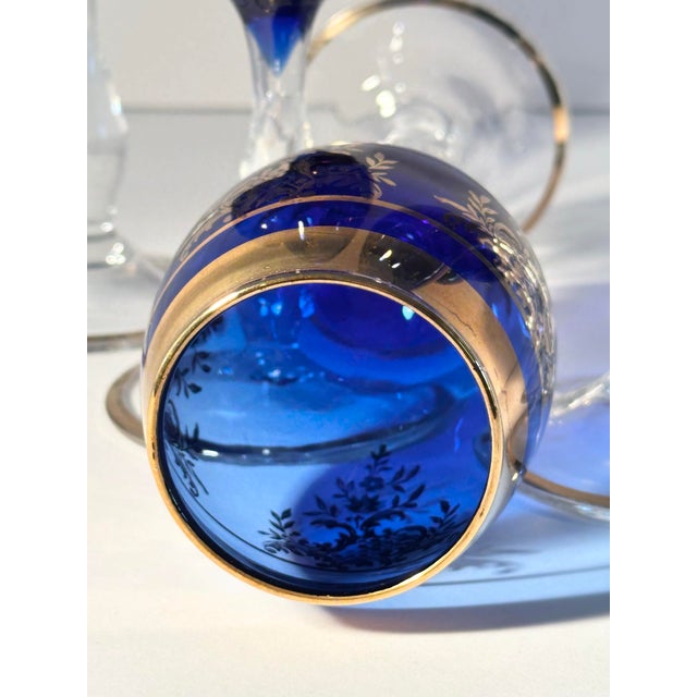 Vintage Bohemian Cobalt Glass Decanter and Six Wine Glass Set For Sale - Image 11 of 11