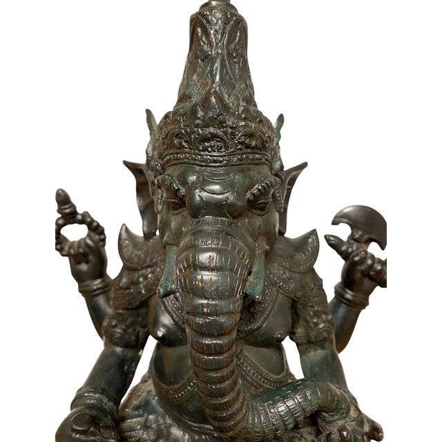 Antique Bronze Ganesha Statue Khmer Style Hindu 4-Arm Elephant God Sculpture For Sale - Image 9 of 18