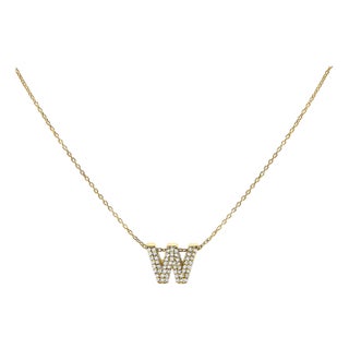 10K Yellow Gold Diamond Accent "W" Initial Bubble Pendant Necklace For Sale