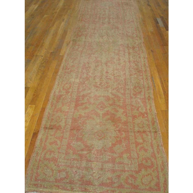 Early 20th Century Turkish Oushak Carpet ( 3' x 13' - 92 x 396 ) this light coral color antique allover tribal pattern...