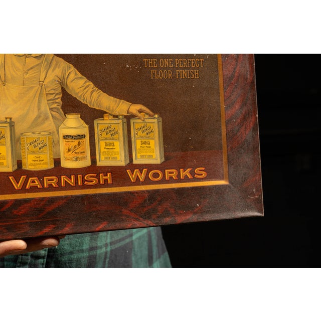 Metal Early 20th Century Standard Varnish Works Woodworker Tin Advertising Sign For Sale - Image 7 of 8