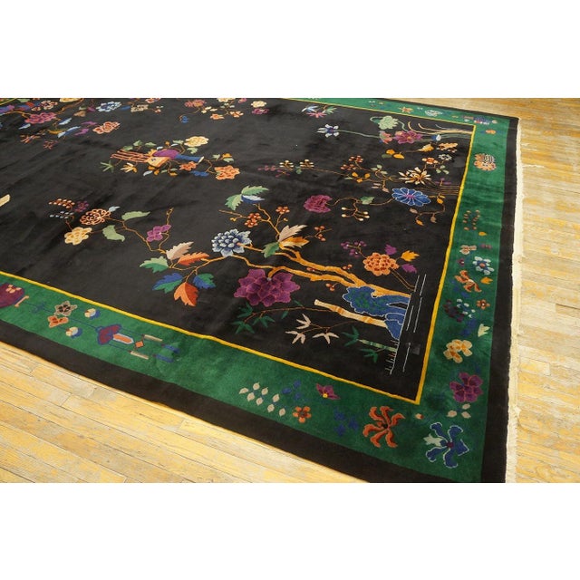 1920s Black Floral Modernist Antique Chinese Art Deco Rug 10' X 13' 6" Knotted Wool Carpet For Sale - Image 9 of 12