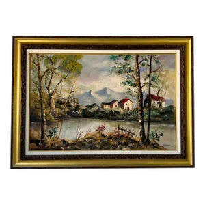 1960's Pierre Maxim Impressionist Rural Lake Landscape Oil on Canvas Painting