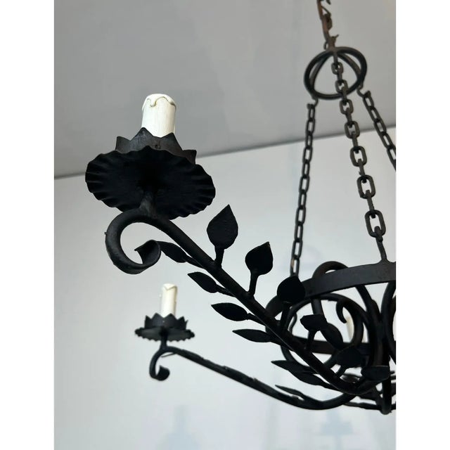 Black Wrought Iron Chandelier With 5 Arms Decorated With Leaves For Sale - Image 8 of 9