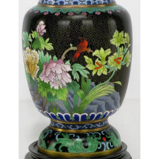 Colorful Floral Cloisonne Vases on Carved Bases - a Pair For Sale In Chicago - Image 6 of 11