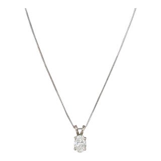 0.70ct Diamond Oval Solitaire Pendant Necklace 14k White Gold 18" Box Chain For Sale