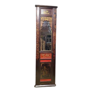 Large Antique Chinoiserie Lacquer Wood Panel With Mirror 78.5" H