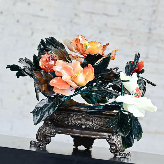 Mid 20th Century 20th Century Chinese Hand Carved Carnelian Hardstone Floral Centerpiece & Cast Bronze Base For Sale - Image 5 of 12