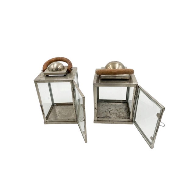 Traditional Traiditional Artisan Nickel-Finish Glass Lanterns With Driftwood Handles - a Pair For Sale - Image 3 of 12