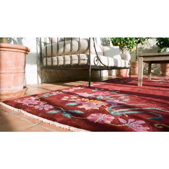 Textile 1920s Ruby Red Floral Antique Chinese Art Deco Rug 8' 8" X 11' 6" Handknotted Wool Carpet For Sale - Image 7 of 9