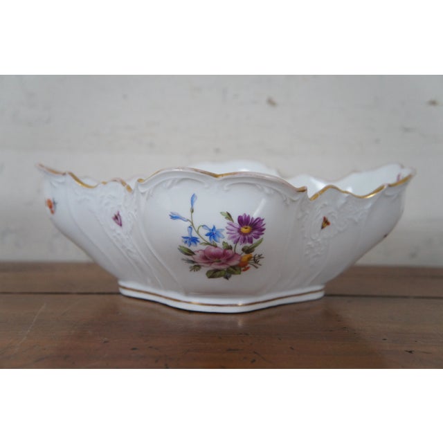 Late 19th Century Antique German Dresden Ruffled Serpentine Floral Butterfly Bowl Compote For Sale - Image 6 of 12