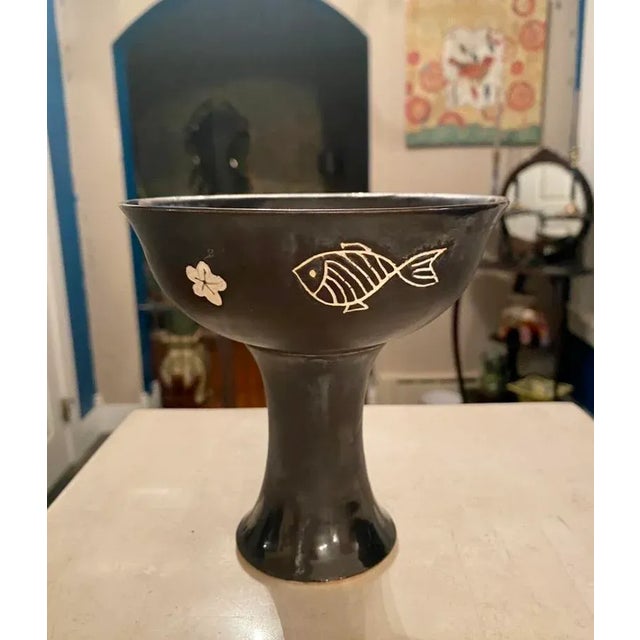 1950s Japanese Black Glazed Pottery Stem Cup For Sale - Image 11 of 13
