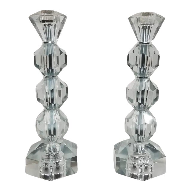 Mid Century Crystal Candlestick Diamond Top - Pair For Sale