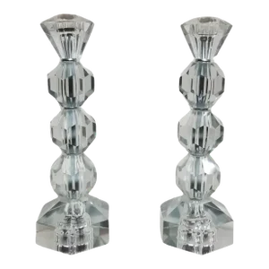 Mid Century Crystal Candlestick Diamond Top - Pair