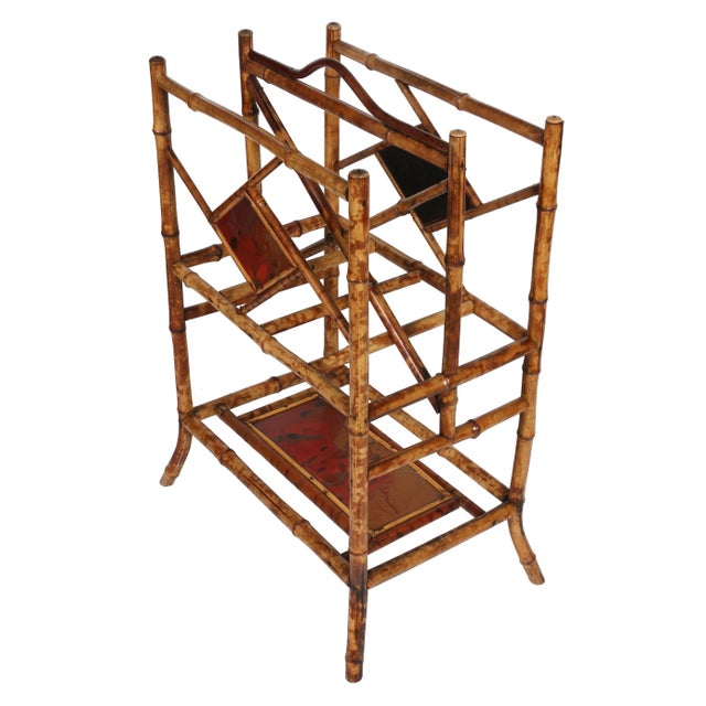 Aesthetic moment charming burnt bamboo magazine rack with Japanned base and side panels. c 1910 Dimensions: 19"x12"x29"