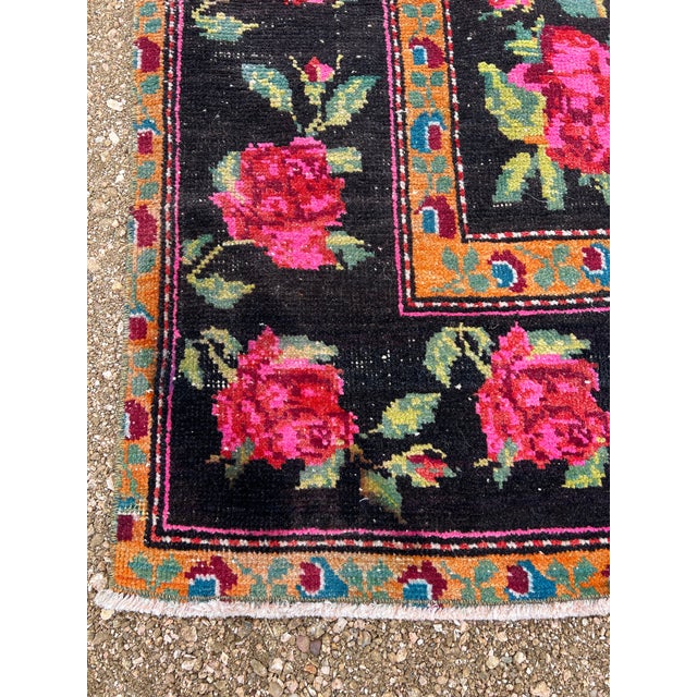 Boho Chic Vibrant 1940s Karabagh Rug, Bold Rose Motifs on Deep Black Field For Sale - Image 3 of 7