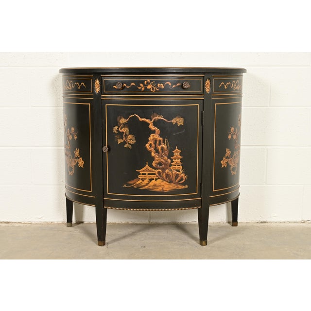 Imperial Furniture Grand Rapids French Regency Chinoiserie Black Lacquered Hand Painted Demilune Cabinet, Circa 1940s For Sale - Image 16 of 16