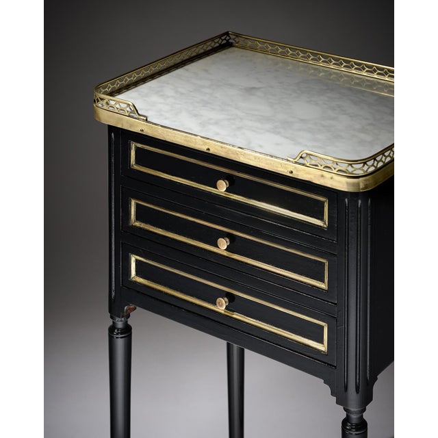 Pair of French Louis XVI Style Ebonized, Brass and Marble Side Tables For Sale In Austin - Image 6 of 9