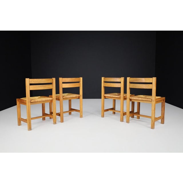 Mid-Century Modern Elm and Rush Dining Chairs attributed to Maison Regain, France, 1960s, Set of 4 For Sale - Image 4 of 14