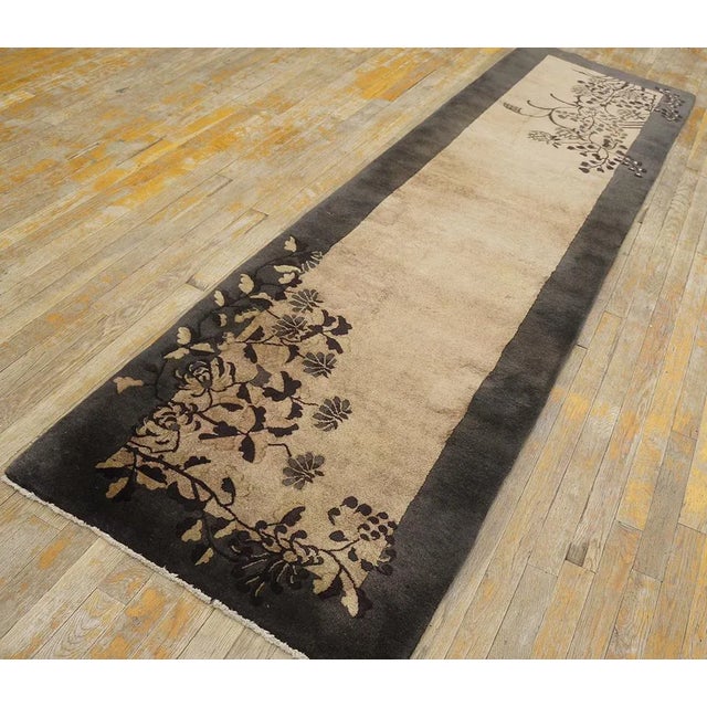1920s Beige-Brown Floral Modernist Rug Antique Art Deco Runner 2'6'' X 8'10" Carpet For Sale - Image 9 of 9