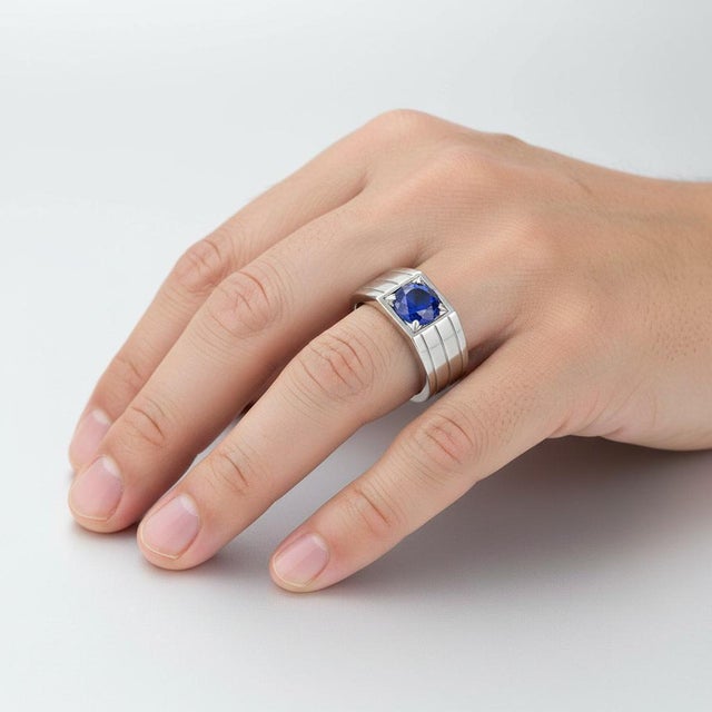 Sapphire Solitaire Ring for Men Silver, Gold, Size 10 For Sale - Image 4 of 4