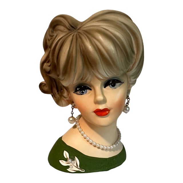 Vintage 1960s Napcoware Lady Head Vase C7472 Green Dress - Complete Jewelry & Sticker For Sale