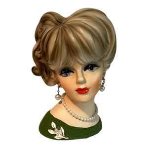 Vintage 1960s Napcoware Lady Head Vase C7472 Green Dress - Complete Jewelry & Sticker