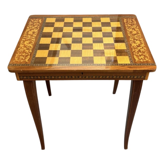 1970s Italian Marquetry Wood Chess/Game Table For Sale