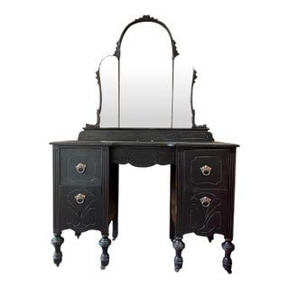 Vintage Black Art Deco Vanity With Three-Part Mirror, Carved Wood & Ring Pull Hardware For Sale