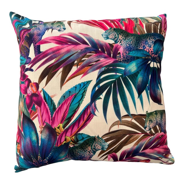 20 X 20 Contemporary Caribbean Paradise Meets African Safari Tropical Leaf Leopard Pillow Cover For Sale