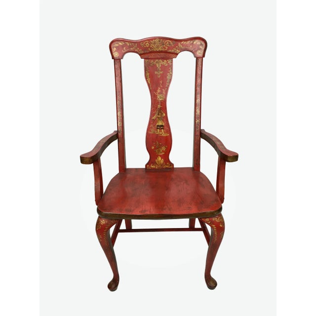 Early 20th Century Early 20th Century Vintage Red Lacquer Chinoiserie Style Wooden Arm Chair For Sale - Image 5 of 6