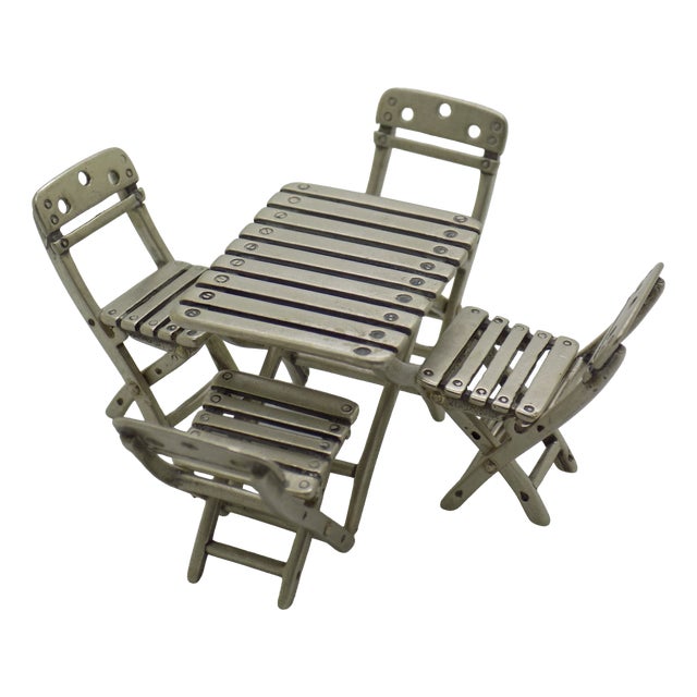 Vintage Italian Handmade Silver 800 Folding Garden Table and Chairs Dollhouse Set, Arezzo, 1970s, Set of 5 For Sale