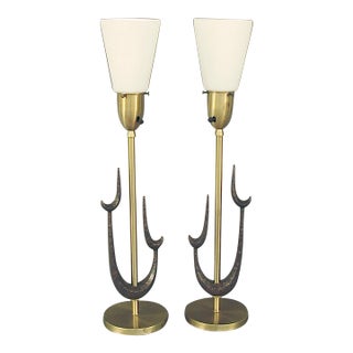 1970s Pair of Tall Mid-Century Modern Table Lamps, Biomorphic Design and Decorations, Glass Shades For Sale