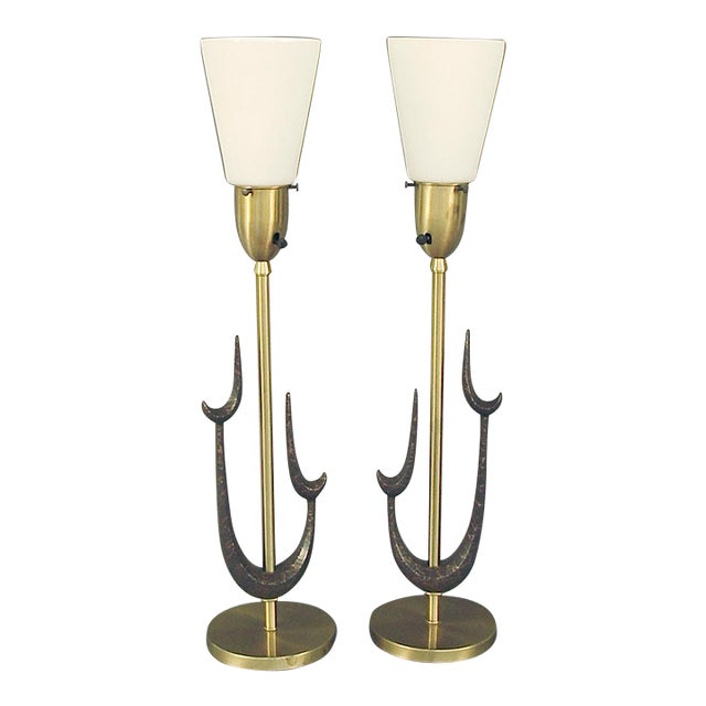 1970s Pair of Tall Mid-Century Modern Table Lamps, Biomorphic Design and Decorations, Glass Shades For Sale