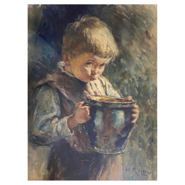 Heinrich Rettig, Young Boy with Carafe, Watercolor on Paper For Sale
