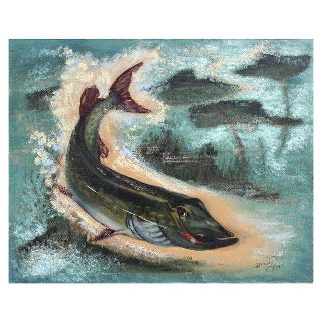 Vintage Oil Painting of Northern Pike, Fish on Hook For Sale - Image 4 of 4