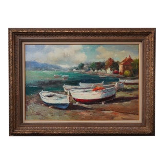 Artist Signed Boat & Village Oil Painting on Canvas For Sale