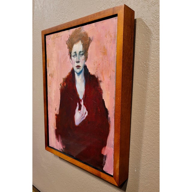 Malcolm Liepke -Melancholic Girl Wearing a Red Coat -Oil Painting For Sale - Image 9 of 10