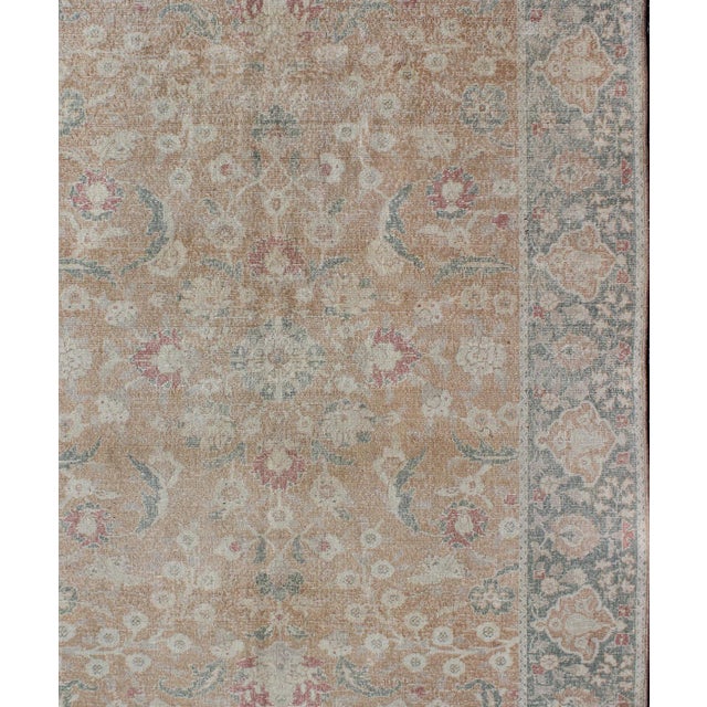 Measures: 5'2 x 7'2. Antique Turkish Sivas Rug with Tan Field and Faded Blue-Green Border Accents. Keivan Woven Arts / rug...
