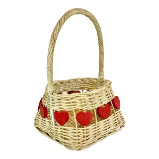 Mid-Century Boho Chic Arts & Crafts Wicker Valentine Heart Basket For Sale