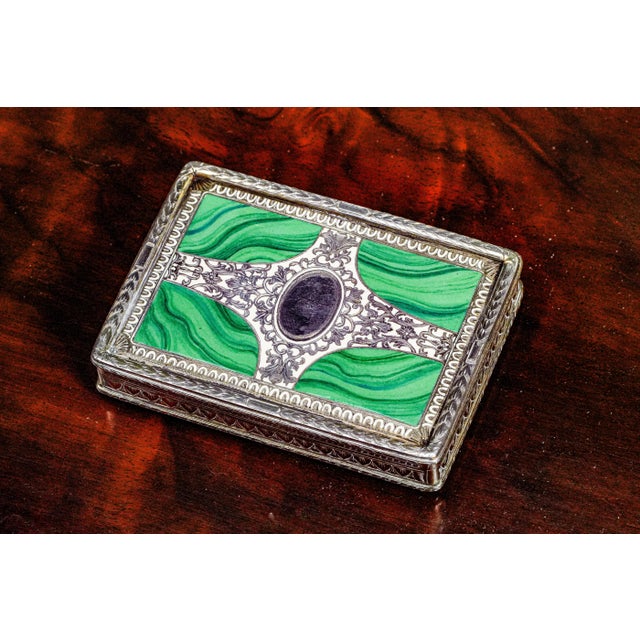 Stunning Ornate European Continental Sterling Silver Malachite Enamel Antique Snuff Box For Sale - Image 11 of 17