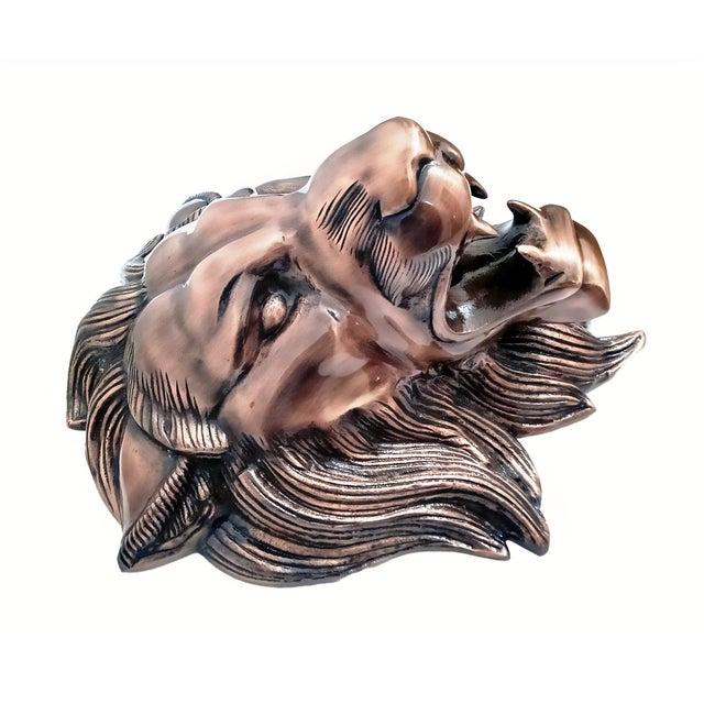 Modern Antique Copper Finish Metal Lion Head Sculptures For Sale - Image 3 of 6