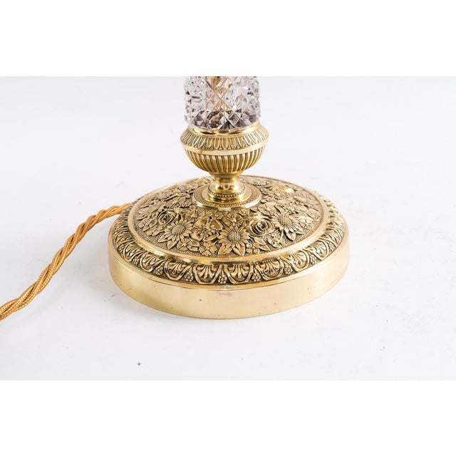 Big historistic cut glass stem table lamp with fabric shade around 1890s Brass polished and stove enameled The fabric...