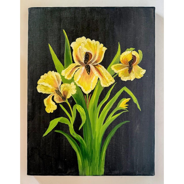 "Irises" Original Contemporary Botanical Oil Painting on Canvas With Black Background For Sale - Image 4 of 14