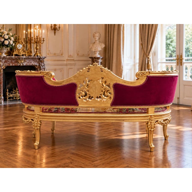 Burgundy 1970 French Artisan Louis XVI Gold Burgundy Sofa Set-3 Pc For Sale - Image 8 of 18