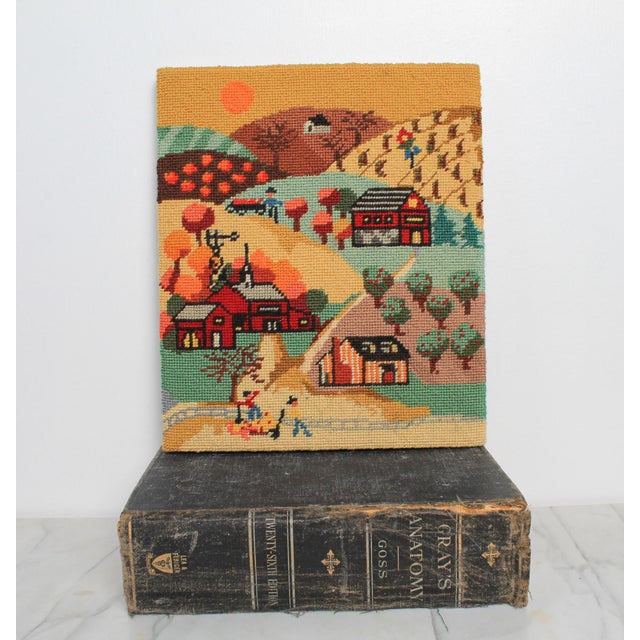 American Vintage Folk Art Textile Country Farm Scene Wall Hanging For Sale - Image 3 of 9