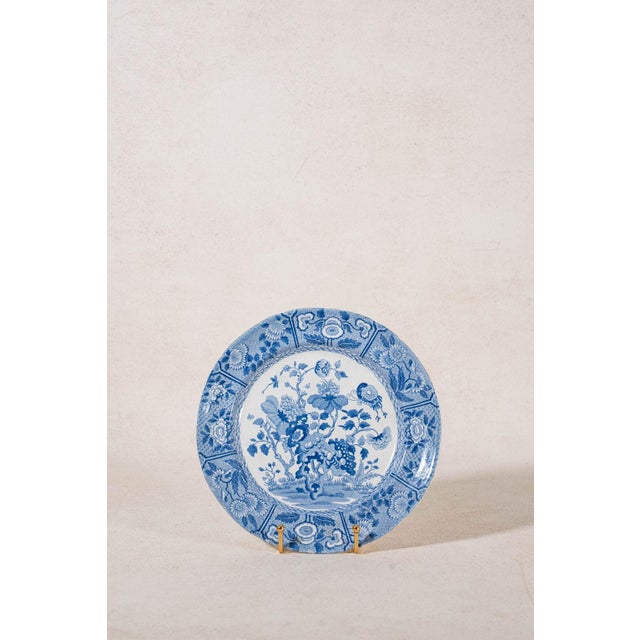 Set of four 19th-century Spode "India" blue and white transferware plates featuring the iconic India pattern with floral...
