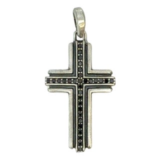 1990s David Yurman Black Diamond Cross Pendant Sterling Silver Estate For Sale