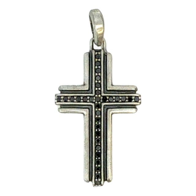 1990s David Yurman Black Diamond Cross Pendant Sterling Silver Estate For Sale