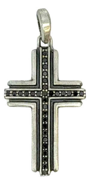 1990s David Yurman Black Diamond Cross Pendant Sterling Silver Estate